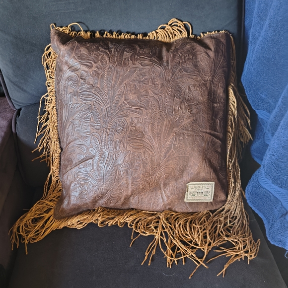 Double D Ranch Embossed Leather Pillow with Fringe
